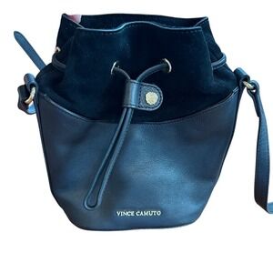 Vince Camuto Black Leather Suede Bucket‎ Bag Gold Hardware Drawstring